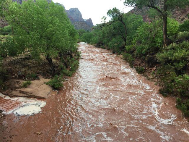 Muddy high river flowing fast