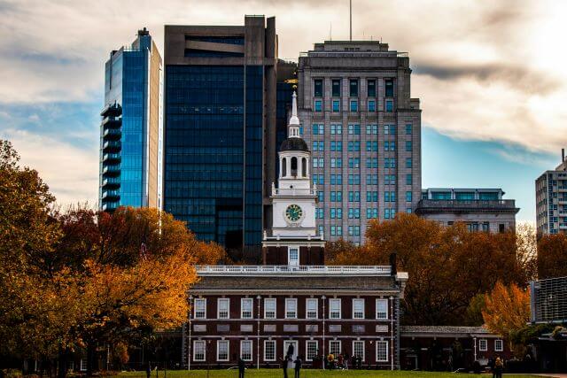 historic brick building with clocktower on top