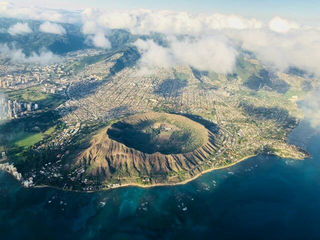 a large volcanic crater beside the ocean