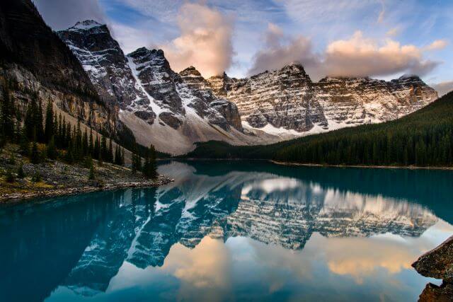 mountains reflected in a clear lake
