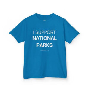 blue tee reading I support national parks